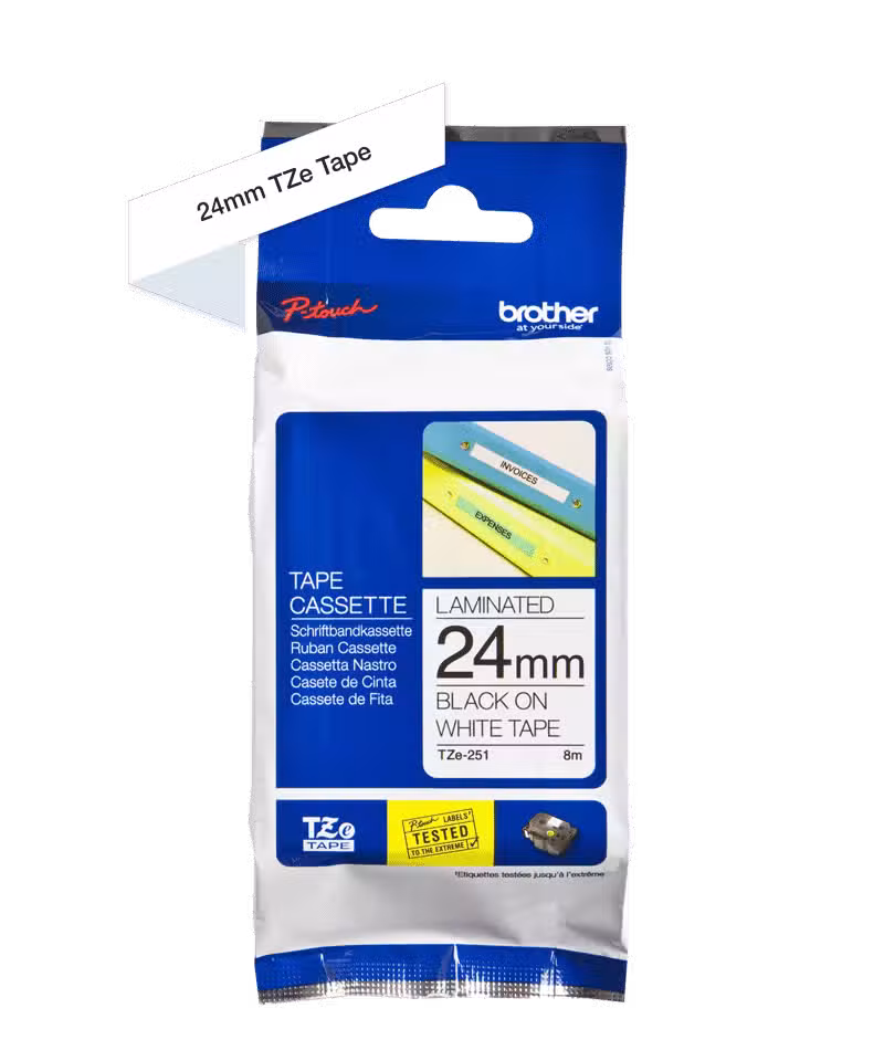 Brother TZe-251 24mm Black on White Laminated Label Tape Brother TZe-251 24mm Black on White Laminated Label Tape