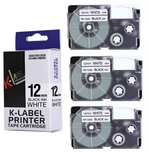 Byz-12we Compatible Casio Label Tape, 12mm x 8m, Black on White