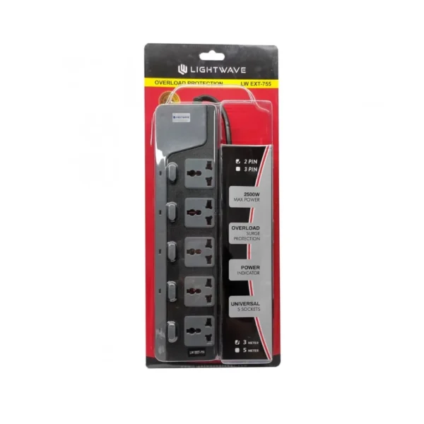 Lightwave LWEXT-52U 5-Way Extension Socket with 2 USB 2.1A Ports and 3M Cable