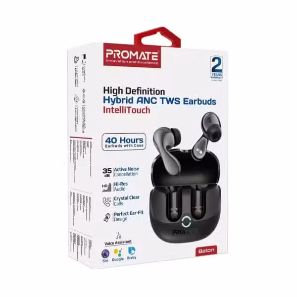 Promate Baton Hybrid ANC TWS Earbuds 40H Playback BATON.BLACK