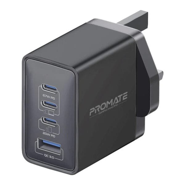 Promate GanPort4-67PD 67W GaNFast 4-Port Charger GANPORT4-67PD.BLACK.UK