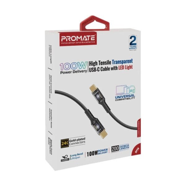 Promate LucidLine-CC200 100W USB-C Cable 2m Black LUCIDLINE-CC200.BLACK