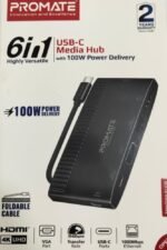 Promate MediaHub-C6 6-in-1 USB-C Hub with 100W PD, 4K HDMI, and Gigabit Ethernet MEDIAHUB-C6