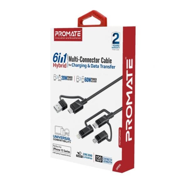 Promate PentaPower 6-in-1 Hybrid 60W Multi-Connector Cable PENTAPOWER.BLACK