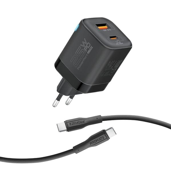 Promate PowerPort-25CC 25W PD QC3.0 Wall Charger with 60W USB-C Cable PowerPort-25CC.Black.UK