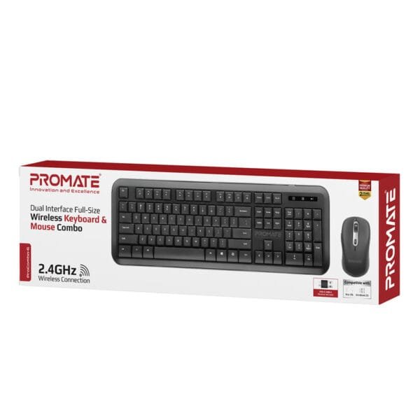 Promate ProCombo-6 Wireless Ergonomic Keyboard and Mouse Combo, USB-A/USB-C Dual Connectivity PROCOMBO-6