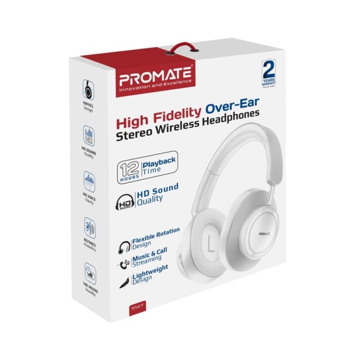 Promate TAKT Wireless Headphones 12H Playback White Promate TAKT Wireless Headphones 12H Playback White TAKT.WHITE