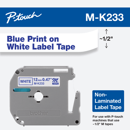 Brother M-K233 12mm Blue on White Non-Laminated Label Tape (8m) M-K233