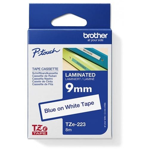 Brother TZE-223 9mm Blue on White Laminated Label Tape 8m TZE-223