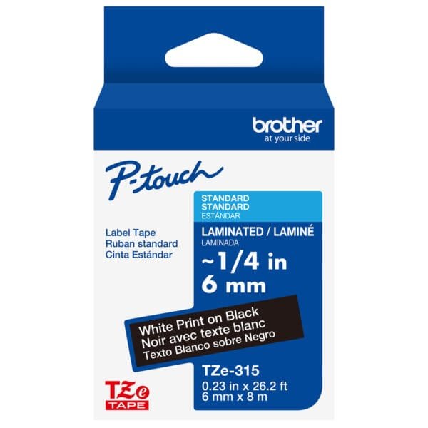 Brother TZE-315 6mm White on Black Laminated P-touch Tape 8m TZE-315