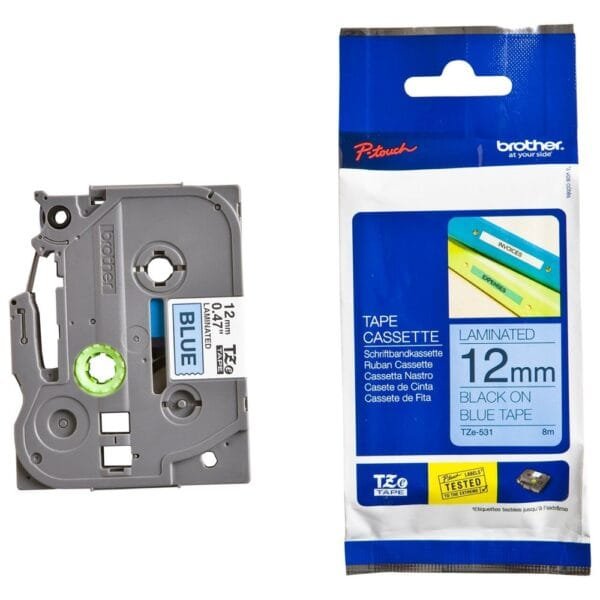 Brother TZE-531 12mm Black on Blue Laminated Label Tape TZE-531