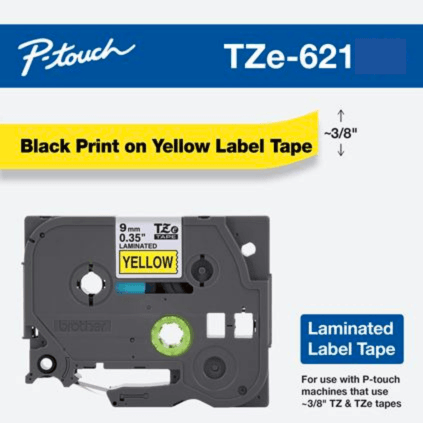 Brother TZE-621 9mm Black on Yellow Laminated Label Tape (8m) TZE-621