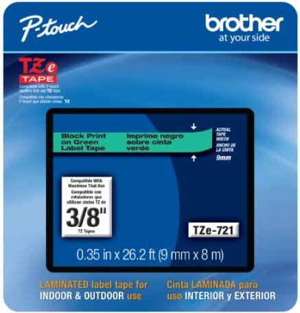 Brother TZE-721 9mm Black on Green Laminated P-Touch Tape TZE-721
