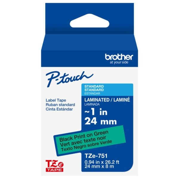 Brother TZE-751 Laminated Tape 24mm Black on Green 8m TZE-751