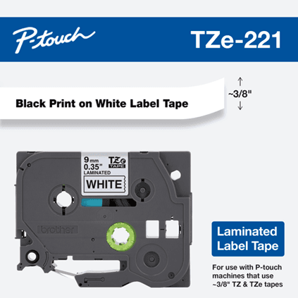 Brother TZe-221 9mm Black on White Laminated P-Touch Tape (8m) TZE-221