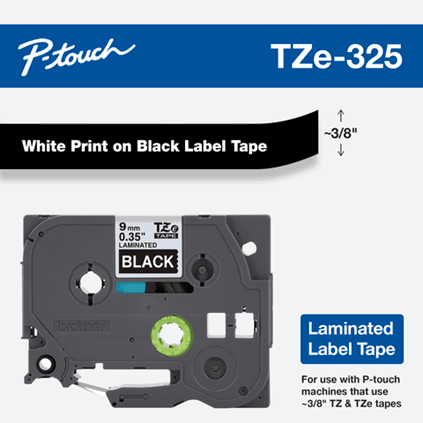 Brother TZe-325 9mm White on Black Laminated Tape 8m TZE-325