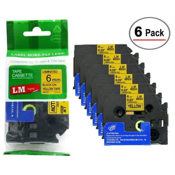 Brother TZe-611 6mm Black on Yellow Laminated Label Tape TZE-611