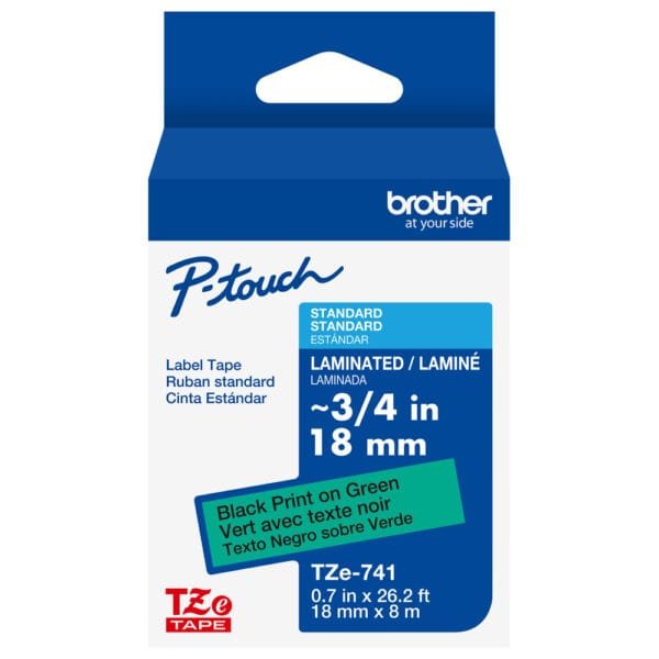 Brother TZe-741 18mm Black on Green Laminated Label Tape TZE-741
