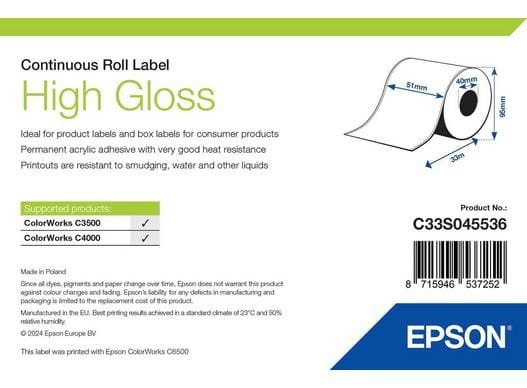 Epson S045536 High Gloss Label Continuous Roll 51mm x 33m C33S045536