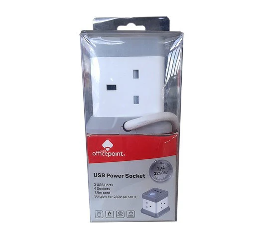 OfficePoint URB-8K 4-Way Cube Extension Socket with 3 USB Ports 4WAY CUBE