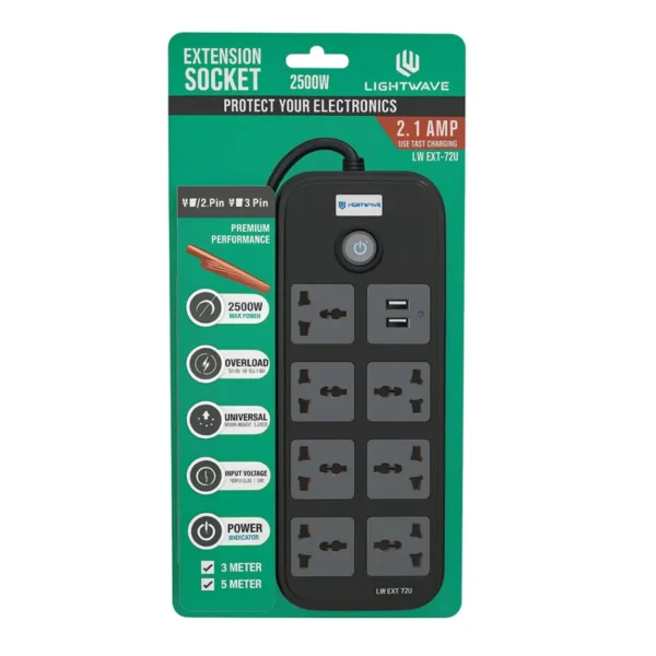 OEM 72UC-3P 7-Way Extension Socket USB Type-C 3m LW-EXTENSION-SOCKET-72UC-3P-7WAY-1-USB-1-TYPE-C-